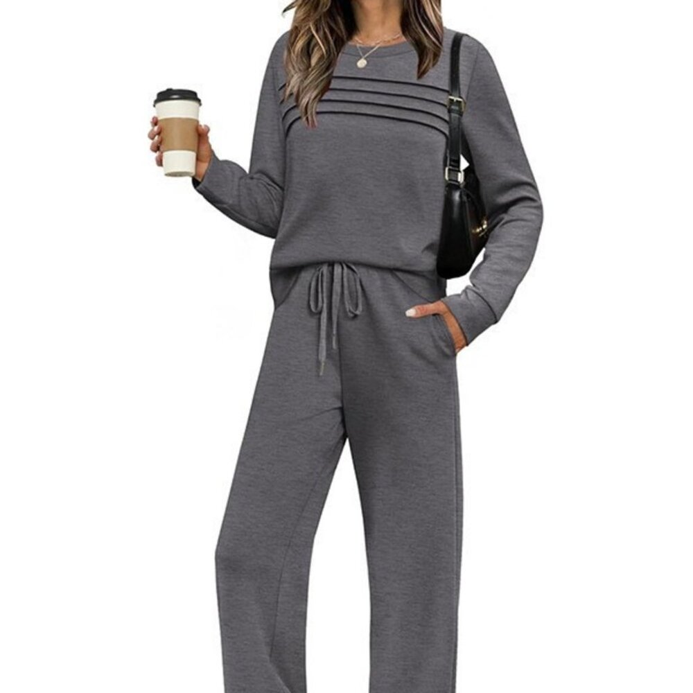 Heather Full Size Long Sleeve Round Neck Top and Pants Set Plus Size